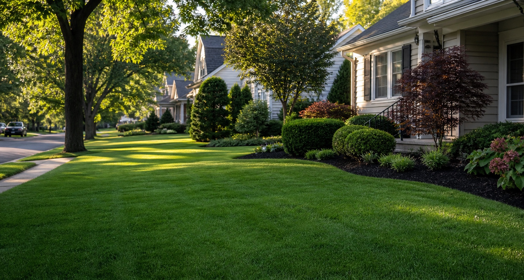 Illustrative modest residence with freshly cut grass