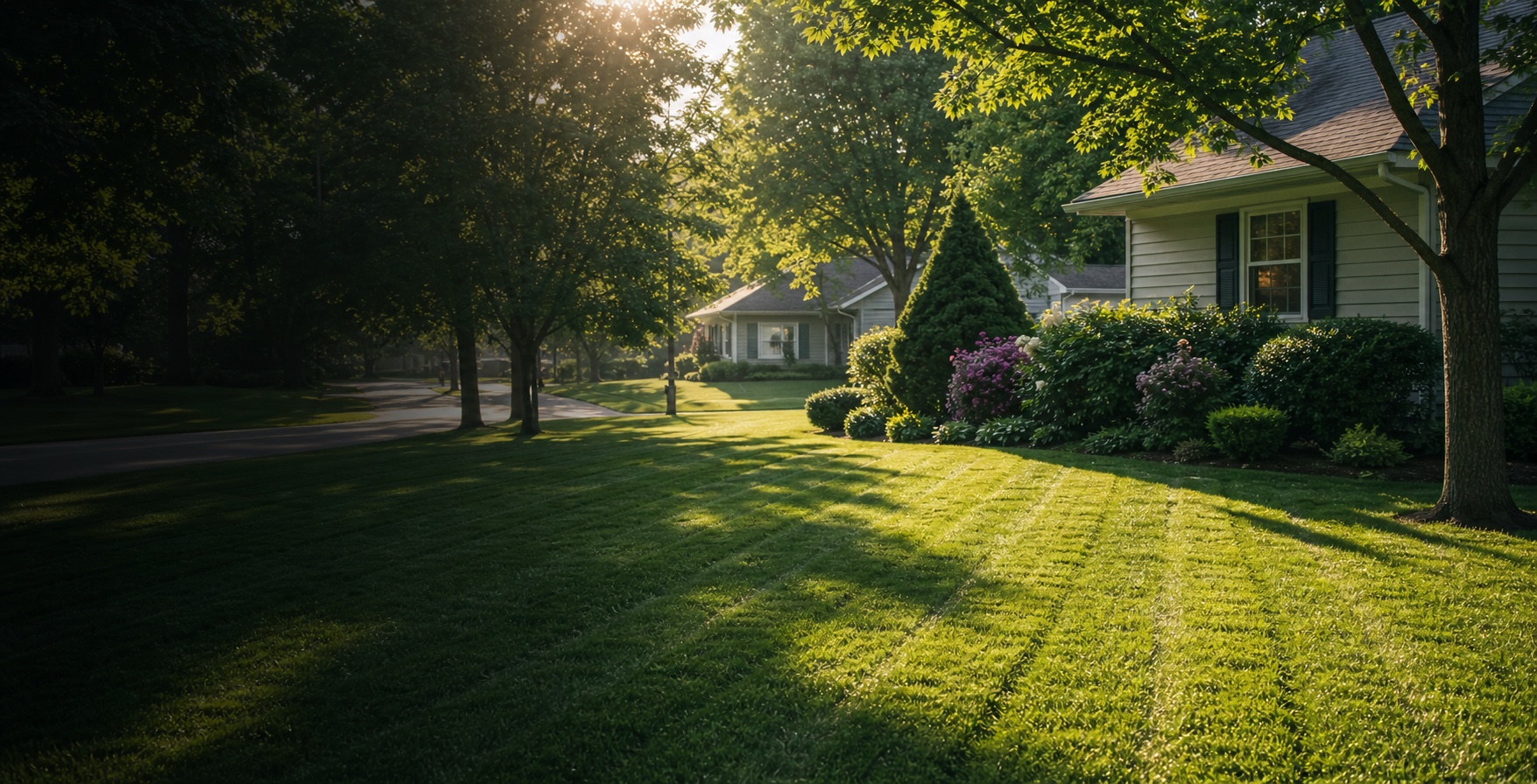 Freshly maintained residential lawn in a leafy neighborhood