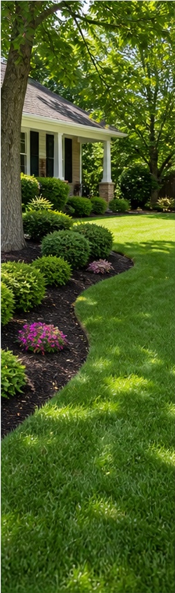 Healthy residential lawn with tidy edges and maintained shrubs
